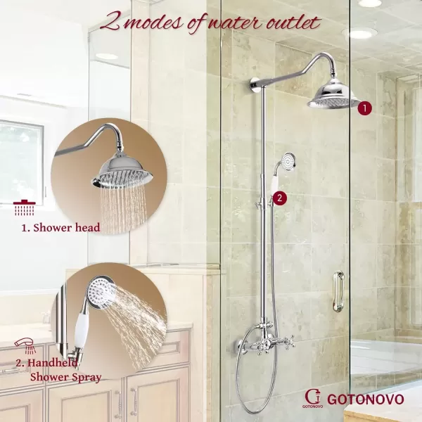 imagegotonovo Exposed Polish Chrome Shower Faucet System 8 Rain Shower 2 Double Knobs Cross Handle Dual Function Shower Fixture Combo Unit SetPolish Chrome