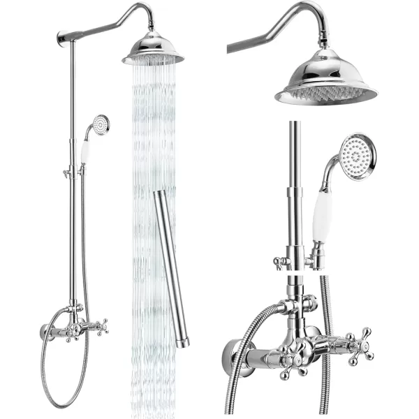 imagegotonovo Exposed Polish Chrome Shower Faucet System 8 Rain Shower 2 Double Knobs Cross Handle Dual Function Shower Fixture Combo Unit SetPolish Chrome