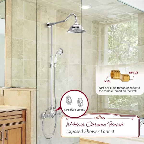 imagegotonovo Exposed Polish Chrome Shower Faucet System 8 Rain Shower 2 Double Knobs Cross Handle Dual Function Shower Fixture Combo Unit SetPolish Chrome