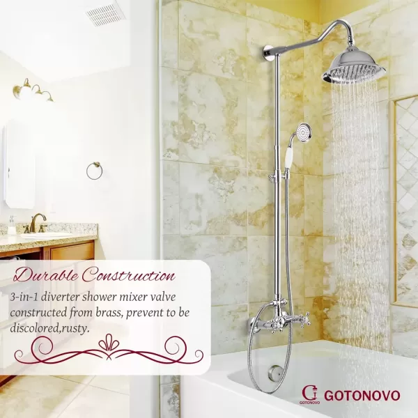 imagegotonovo Exposed Polish Chrome Shower Faucet System 8 Rain Shower 2 Double Knobs Cross Handle Dual Function Shower Fixture Combo Unit SetPolish Chrome