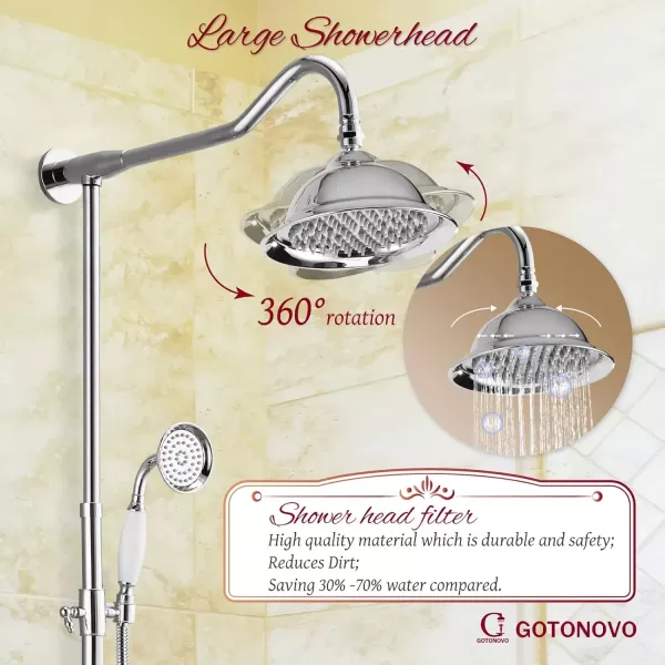 imagegotonovo Exposed Polish Chrome Shower Faucet System 8 Rain Shower 2 Double Knobs Cross Handle Dual Function Shower Fixture Combo Unit SetPolish Chrome
