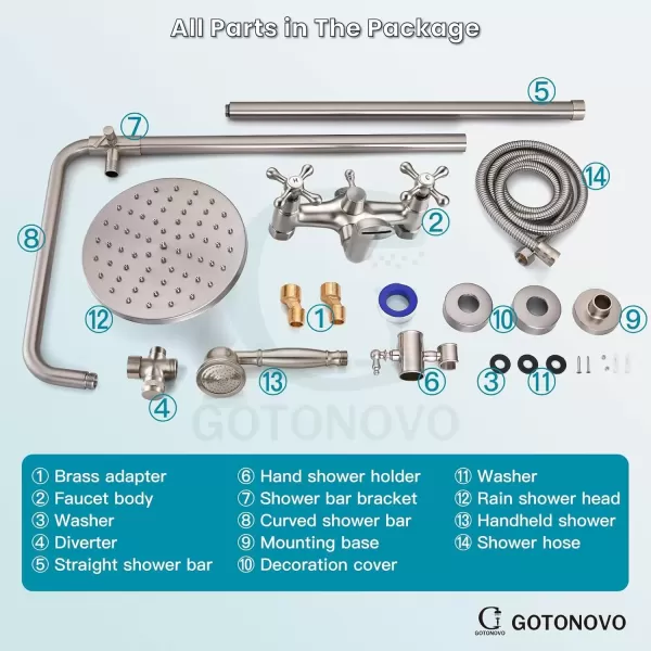 imagegotonovo Exposed Shower Faucet Set 8 Inch Rainfall Showerhead 3Function Shower Fixture with Tub Spout 2 Corss Handles Shower System Polish GoldBrushed Nickel