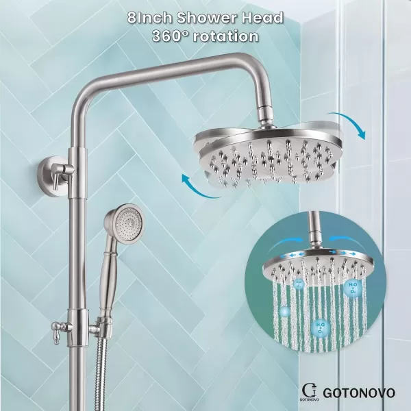 imagegotonovo Exposed Shower Faucet Set 8 Inch Rainfall Showerhead 3Function Shower Fixture with Tub Spout 2 Corss Handles Shower System Polish GoldBrushed Nickel