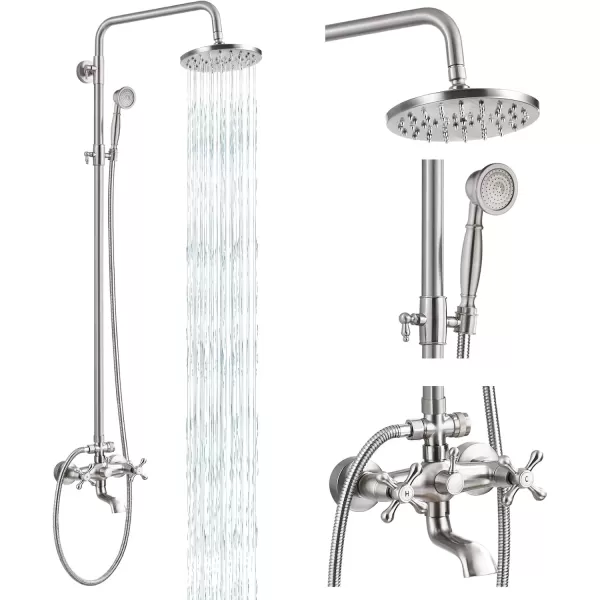 imagegotonovo Exposed Shower Faucet Set 8 Inch Rainfall Showerhead 3Function Shower Fixture with Tub Spout 2 Corss Handles Shower System Polish GoldBrushed Nickel