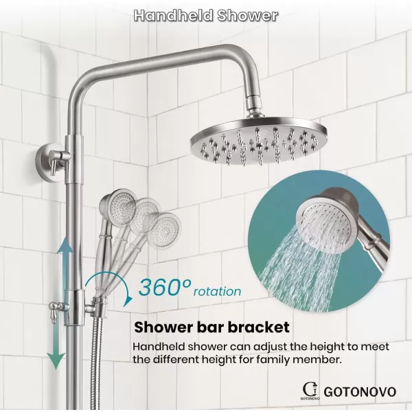 imagegotonovo Exposed Shower Faucet Set 8 Inch Rainfall Showerhead 3Function Shower Fixture with Tub Spout 2 Corss Handles Shower System Polish GoldBrushed Nickel