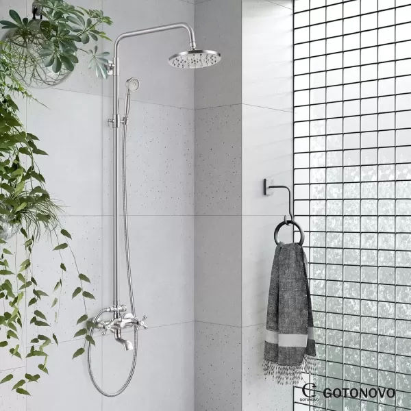 imagegotonovo Exposed Shower Faucet Set 8 Inch Rainfall Showerhead 3Function Shower Fixture with Tub Spout 2 Corss Handles Shower System Polish GoldBrushed Nickel