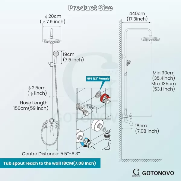 imagegotonovo Exposed Shower Faucet Set 8 Inch Rainfall Showerhead 3Function Shower Fixture with Tub Spout 2 Corss Handles Shower System Polish GoldMatte Black