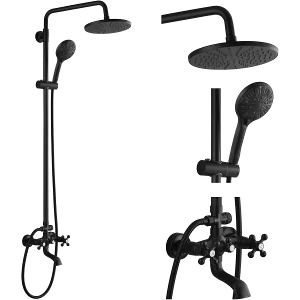 imagegotonovo Exposed Shower Faucet Set 8 Inch Rainfall Showerhead 3Function Shower Fixture with Tub Spout 2 Corss Handles Shower System Polish GoldMatte Black