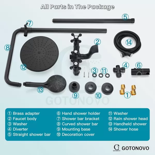imagegotonovo Exposed Shower Faucet Set 8 Inch Rainfall Showerhead 3Function Shower Fixture with Tub Spout 2 Corss Handles Shower System Polish GoldMatte Black