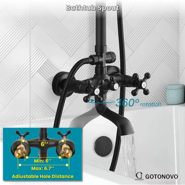 imagegotonovo Exposed Shower Faucet Set 8 Inch Rainfall Showerhead 3Function Shower Fixture with Tub Spout 2 Corss Handles Shower System Polish GoldMatte Black