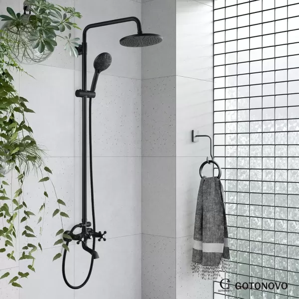 imagegotonovo Exposed Shower Faucet Set 8 Inch Rainfall Showerhead 3Function Shower Fixture with Tub Spout 2 Corss Handles Shower System Polish GoldMatte Black