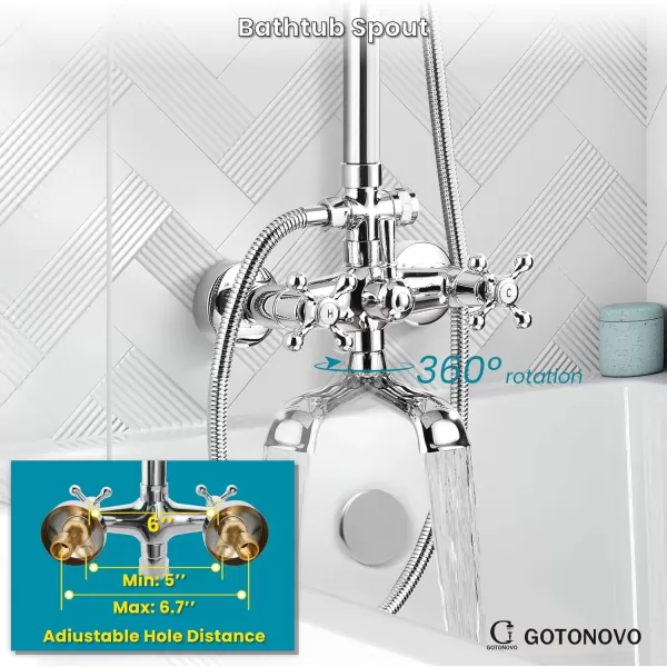 imagegotonovo Exposed Shower Faucet Set 8 Inch Rainfall Showerhead 3Function Shower Fixture with Tub Spout 2 Corss Handles Shower System Polish GoldPolish Chrome