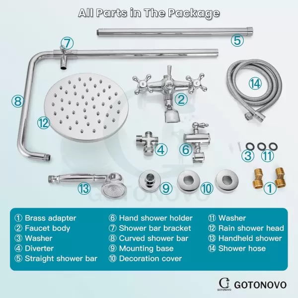 imagegotonovo Exposed Shower Faucet Set 8 Inch Rainfall Showerhead 3Function Shower Fixture with Tub Spout 2 Corss Handles Shower System Polish GoldPolish Chrome