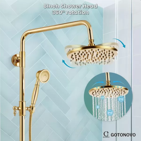 imagegotonovo Exposed Shower Faucet Set 8 Inch Rainfall Showerhead 3Function Shower Fixture with Tub Spout 2 Corss Handles Shower System Polish GoldPolish Gold