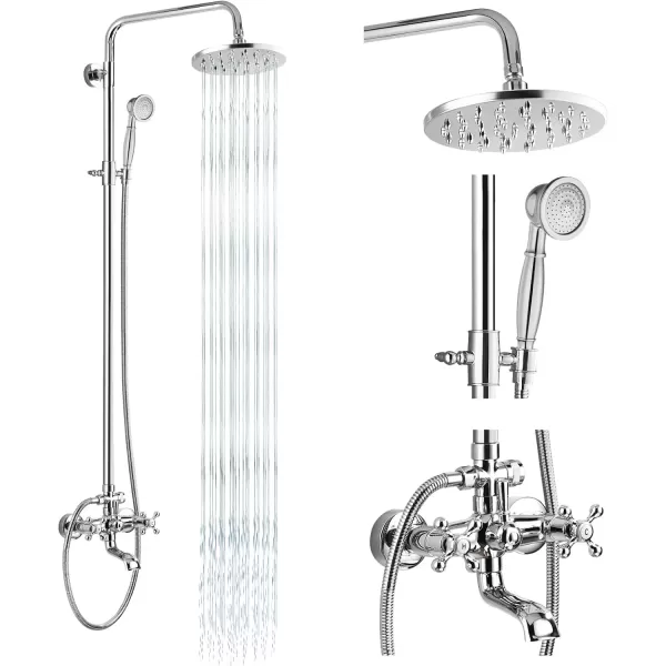 imagegotonovo Exposed Shower Faucet Set 8 Inch Rainfall Showerhead 3Function Shower Fixture with Tub Spout 2 Corss Handles Shower System Polish GoldPolish Chrome