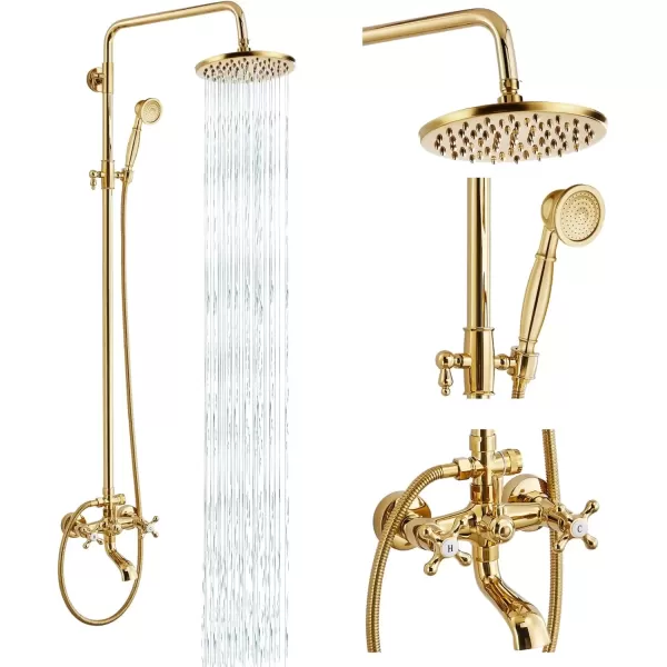 imagegotonovo Exposed Shower Faucet Set 8 Inch Rainfall Showerhead 3Function Shower Fixture with Tub Spout 2 Corss Handles Shower System Polish GoldPolish Gold