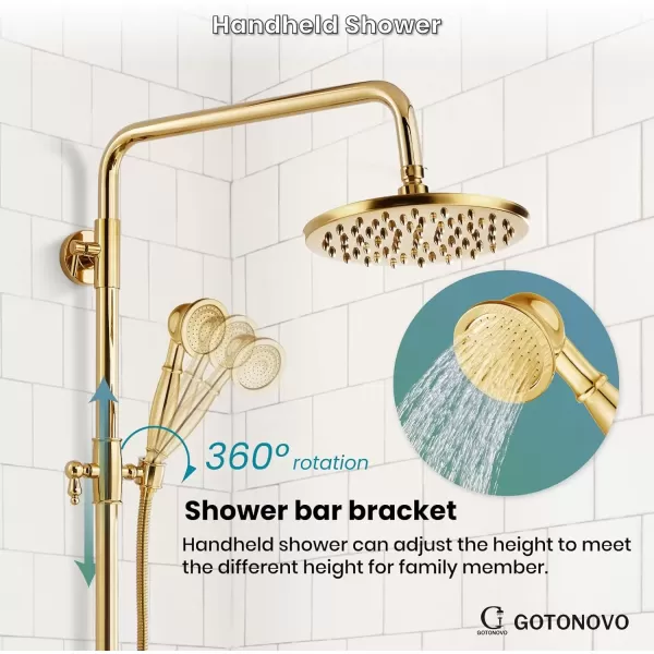 imagegotonovo Exposed Shower Faucet Set 8 Inch Rainfall Showerhead 3Function Shower Fixture with Tub Spout 2 Corss Handles Shower System Polish GoldPolish Gold