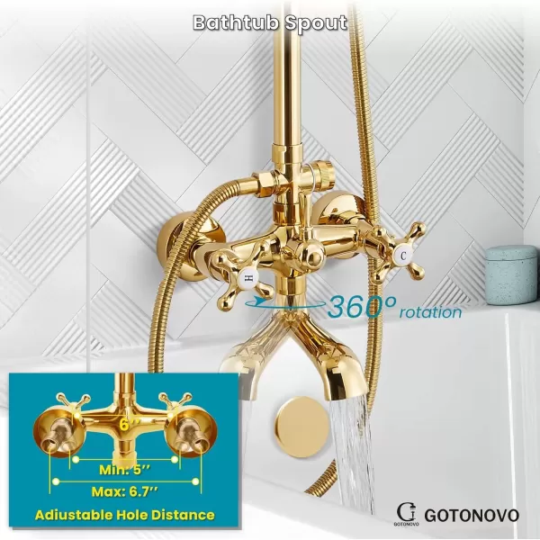 imagegotonovo Exposed Shower Faucet Set 8 Inch Rainfall Showerhead 3Function Shower Fixture with Tub Spout 2 Corss Handles Shower System Polish GoldPolish Gold