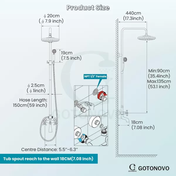 imagegotonovo Exposed Shower Faucet Set 8 Inch Rainfall Showerhead 3Function Shower Fixture with Tub Spout 2 Corss Handles Shower System Polish GoldPolish Chrome