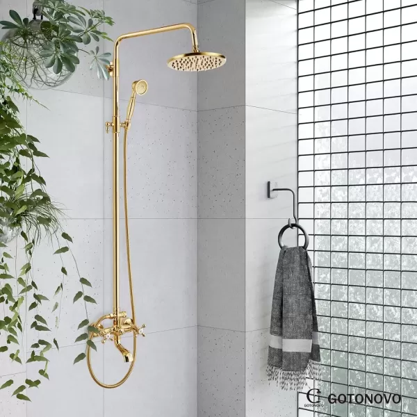 imagegotonovo Exposed Shower Faucet Set 8 Inch Rainfall Showerhead 3Function Shower Fixture with Tub Spout 2 Corss Handles Shower System Polish GoldPolish Gold