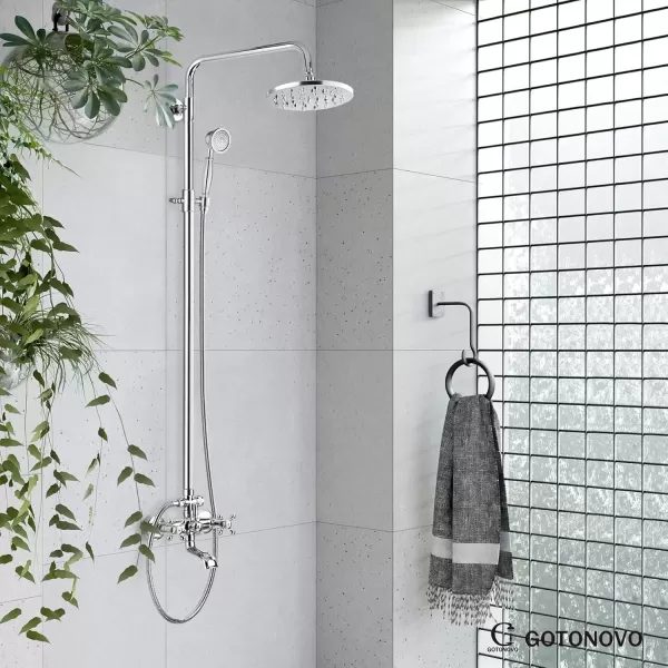 imagegotonovo Exposed Shower Faucet Set 8 Inch Rainfall Showerhead 3Function Shower Fixture with Tub Spout 2 Corss Handles Shower System Polish GoldPolish Chrome