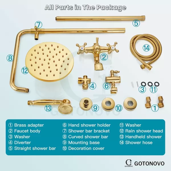 imagegotonovo Exposed Shower Faucet Set 8 Inch Rainfall Showerhead 3Function Shower Fixture with Tub Spout 2 Corss Handles Shower System Polish GoldPolish Gold