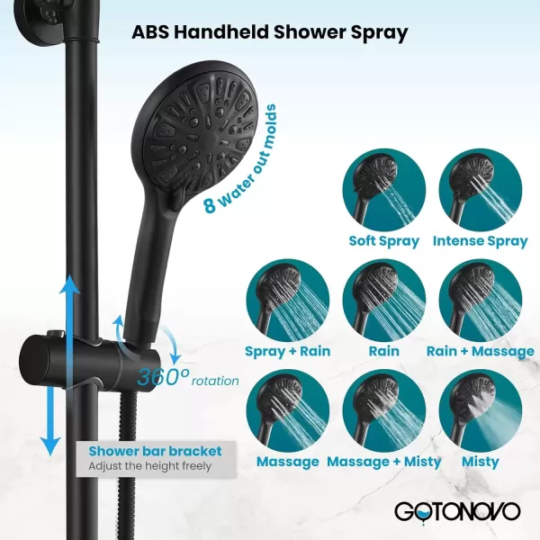 imagegotonovo Exposed Shower Faucet System 8 Inch Rainfall Shower Head with 8 Function ABS Handheld and Double Cross Handle Wall Mounted Bathroom Luxury Mixer Shower Polished Chrome Horizontal Faucet BodyMatte Black
