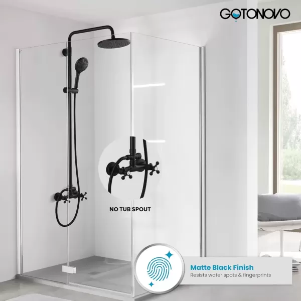 imagegotonovo Exposed Shower Faucet System 8 Inch Rainfall Shower Head with 8 Function ABS Handheld and Double Cross Handle Wall Mounted Bathroom Luxury Mixer Shower Polished Chrome Horizontal Faucet BodyMatte Black
