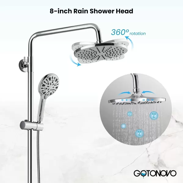 imagegotonovo Exposed Shower Faucet System 8 Inch Rainfall Shower Head with 8 Function ABS Handheld and Double Cross Handle Wall Mounted Bathroom Luxury Mixer Shower Polished Chrome Horizontal Faucet BodyPolished Chrome