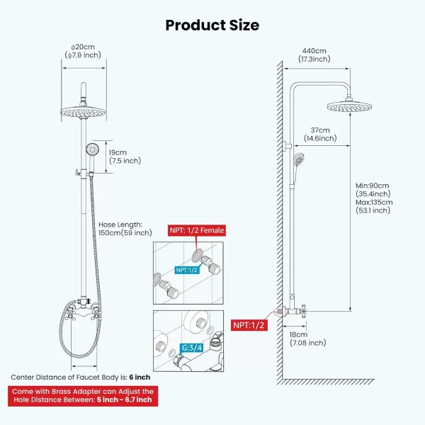 imagegotonovo Exposed Shower Faucet System 8 Inch Rainfall Shower Head with 8 Function ABS Handheld and Double Cross Handle Wall Mounted Bathroom Luxury Mixer Shower Polished Chrome Horizontal Faucet BodyMatte Black