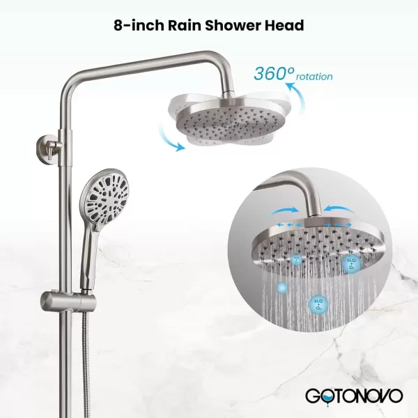 imagegotonovo Exposed Shower Faucet System 8 Inch Rainfall Shower Head with 8 Function ABS Handheld and Double Cross Handle Wall Mounted Bathroom Luxury Mixer Shower Polished Chrome Horizontal Faucet BodyBrushed Nickel