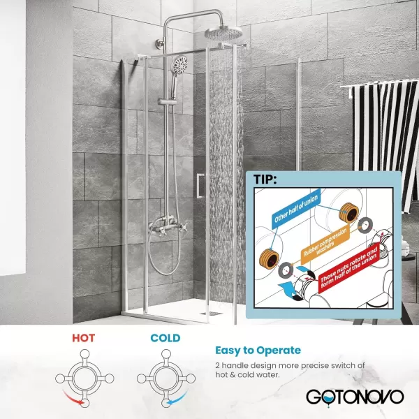 imagegotonovo Exposed Shower Faucet System 8 Inch Rainfall Shower Head with 8 Function ABS Handheld and Double Cross Handle Wall Mounted Bathroom Luxury Mixer Shower Polished Chrome Horizontal Faucet BodyBrushed Nickel