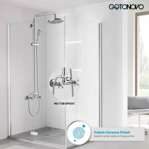 imagegotonovo Exposed Shower Faucet System 8 Inch Rainfall Shower Head with 8 Function ABS Handheld and Double Cross Handle Wall Mounted Bathroom Luxury Mixer Shower Polished Chrome Horizontal Faucet BodyPolished Chrome