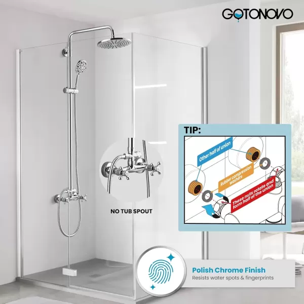 imagegotonovo Exposed Shower Faucet System 8 Inch Rainfall Shower Head with 8 Function ABS Handheld and Double Cross Handle Wall Mounted Bathroom Luxury Mixer Shower Polished Chrome Horizontal Faucet BodyPolished Chrome