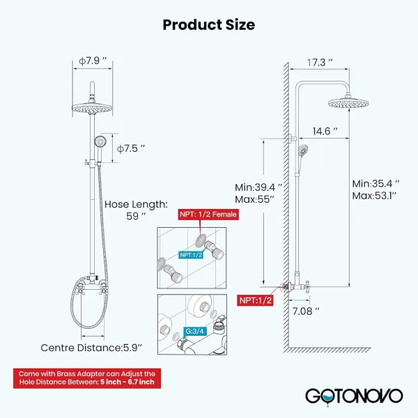 imagegotonovo Exposed Shower Faucet System 8 Inch Rainfall Shower Head with 8 Function ABS Handheld and Double Cross Handle Wall Mounted Bathroom Luxury Mixer Shower Polished Chrome Horizontal Faucet BodyBrushed Nickel