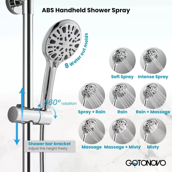 imagegotonovo Exposed Shower Faucet System 8 Inch Rainfall Shower Head with 8 Function ABS Handheld and Double Cross Handle Wall Mounted Bathroom Luxury Mixer Shower Polished Chrome Horizontal Faucet BodyPolished Chrome