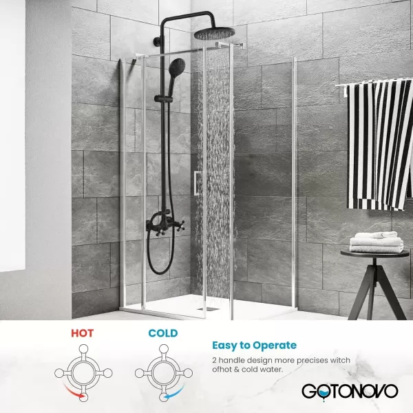 imagegotonovo Exposed Shower Faucet System 8 Inch Rainfall Shower Head with 8 Function ABS Handheld and Double Cross Handle Wall Mounted Bathroom Luxury Mixer Shower Polished Chrome Horizontal Faucet BodyMatte Black