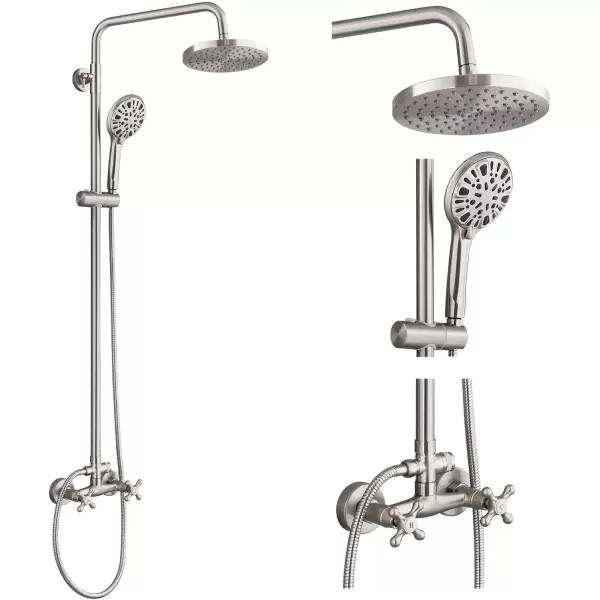 imagegotonovo Exposed Shower Faucet System 8 Inch Rainfall Shower Head with 8 Function ABS Handheld and Double Cross Handle Wall Mounted Bathroom Luxury Mixer Shower Polished Chrome Horizontal Faucet BodyBrushed Nickel