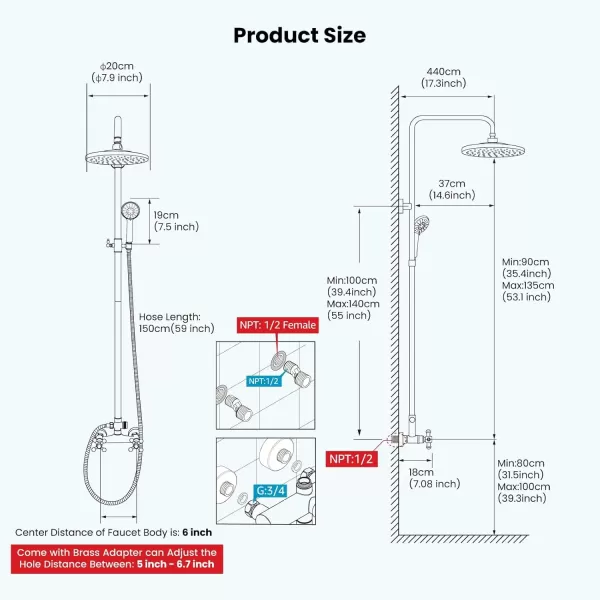 imagegotonovo Exposed Shower Faucet System 8 Inch Rainfall Shower Head with 8 Function ABS Handheld and Double Cross Handle Wall Mounted Bathroom Luxury Mixer Shower Polished Chrome Horizontal Faucet BodyMatte Black