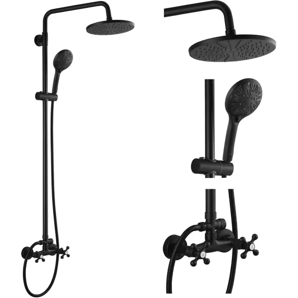 imagegotonovo Exposed Shower Faucet System 8 Inch Rainfall Shower Head with 8 Function ABS Handheld and Double Cross Handle Wall Mounted Bathroom Luxury Mixer Shower Polished Chrome Horizontal Faucet BodyMatte Black