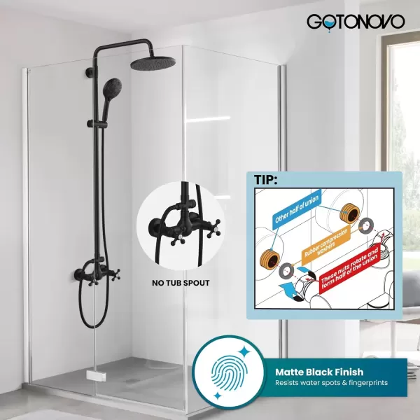 imagegotonovo Exposed Shower Faucet System 8 Inch Rainfall Shower Head with 8 Function ABS Handheld and Double Cross Handle Wall Mounted Bathroom Luxury Mixer Shower Polished Chrome Horizontal Faucet BodyMatte Black