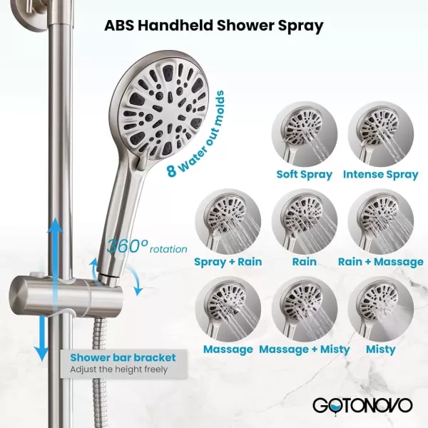 imagegotonovo Exposed Shower Faucet System 8 Inch Rainfall Shower Head with 8 Function ABS Handheld and Double Cross Handle Wall Mounted Bathroom Luxury Mixer Shower Polished Chrome Horizontal Faucet BodyBrushed Nickel