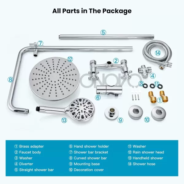 imagegotonovo Exposed Shower Faucet System 8 Inch Rainfall Shower Head with 8 Function ABS Handheld and Double Cross Handle Wall Mounted Bathroom Luxury Mixer Shower Polished Chrome Horizontal Faucet BodyPolished Chrome