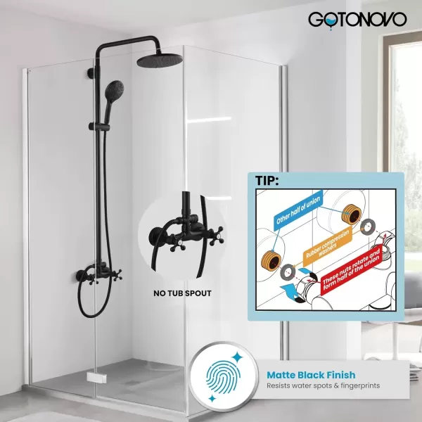 imagegotonovo Exposed Shower Faucet System 8 Inch Rainfall Shower Head with 8 Function ABS Handheld and Double Cross Handle Wall Mounted Bathroom Luxury Mixer Shower Polished Chrome Horizontal Faucet BodyMatte Black