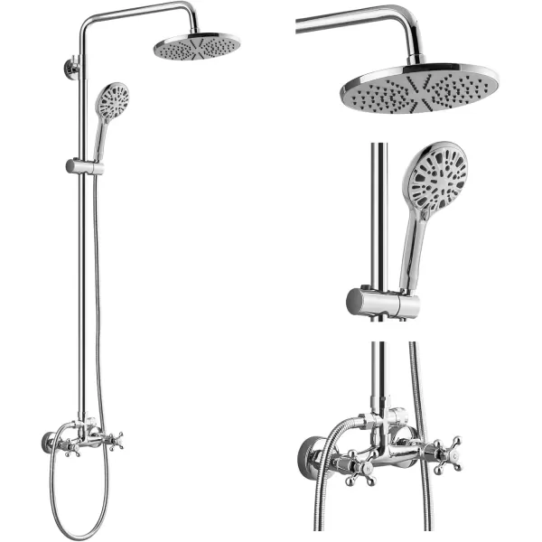 imagegotonovo Exposed Shower Faucet System 8 Inch Rainfall Shower Head with 8 Function ABS Handheld and Double Cross Handle Wall Mounted Bathroom Luxury Mixer Shower Polished Chrome Horizontal Faucet BodyPolished Chrome