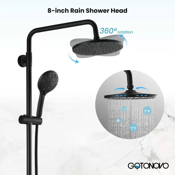 imagegotonovo Exposed Shower Faucet System 8 Inch Rainfall Shower Head with 8 Function ABS Handheld and Double Cross Handle Wall Mounted Bathroom Luxury Mixer Shower Polished Chrome Horizontal Faucet BodyMatte Black