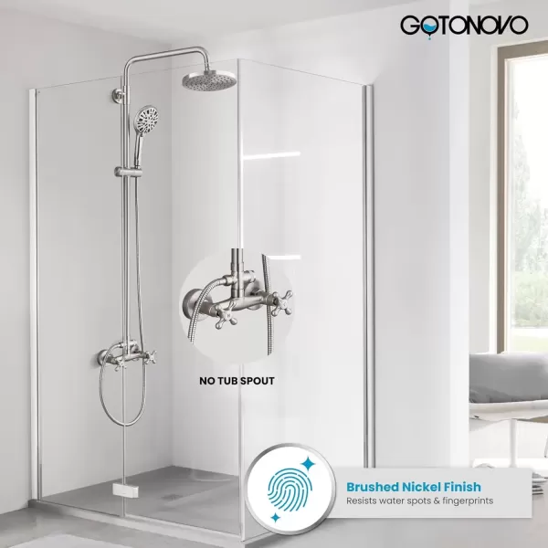 imagegotonovo Exposed Shower Faucet System 8 Inch Rainfall Shower Head with 8 Function ABS Handheld and Double Cross Handle Wall Mounted Bathroom Luxury Mixer Shower Polished Chrome Horizontal Faucet BodyBrushed Nickel