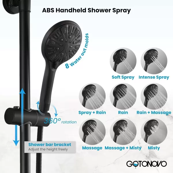 imagegotonovo Exposed Shower Faucet System 8 Inch Rainfall Shower Head with 8 Function ABS Handheld and Double Cross Handle Wall Mounted Bathroom Luxury Mixer Shower Polished Chrome Horizontal Faucet BodyMatte Black