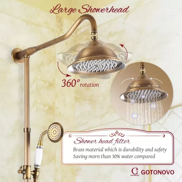 imagegotonovo Exposed Shower System Set Polish Chrome 8 Rain Shower Faucet 2 Double Knobs Handle Triple Function Tub Spout Luxry Shower Fixture Combo Unit Set 12 Inch Extension Tube IncludedAntique Brass