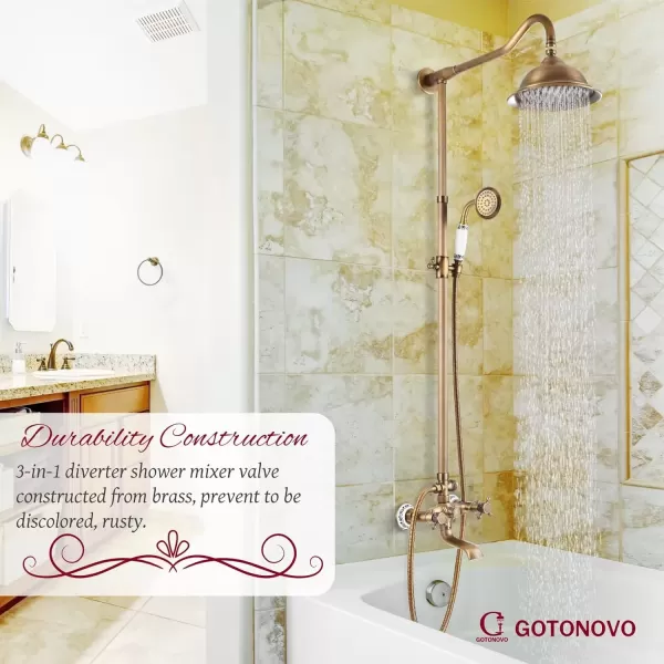 imagegotonovo Exposed Shower System Set Polish Chrome 8 Rain Shower Faucet 2 Double Knobs Handle Triple Function Tub Spout Luxry Shower Fixture Combo Unit Set 12 Inch Extension Tube IncludedAntique Brass